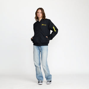 Pixies Circle P Bomber Jacket front print on model; official Pixies merch by TSURT