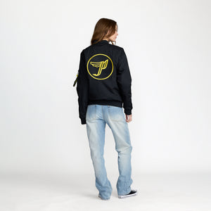 Pixies Circle P Bomber Jacket front print on model; official Pixies merch by TSURT