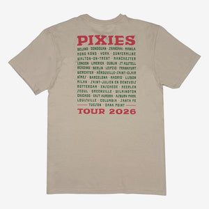 Sand Pixies Cactus Unisex Tour Tee with red band lettering, green tour cities, and red Tour 2026 text.