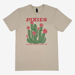 Sand Pixies Cactus Unisex Tour Tee with red Pixies lettering above a large green cactus with red flowers.
