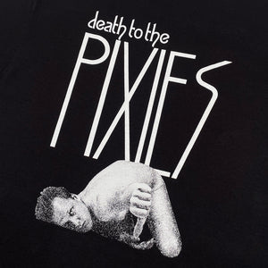 Close up of a black t shirt with white text reading "death to the Pixies" with a black and white photo of Black Francis face down doing a thumbs down sign.