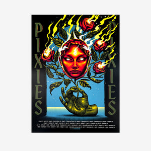 Pixies tour poster with green text on the left and right sides of the poster reading "PIXIES" in the center is a red face with white eyes with stems, leaves, and roses on fire. Below the face is a green hand holding the stem. Below in white text are all 2026 EU tour dates.