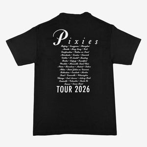 Black Pixies Framed Rosa Tee with white Pixies lettering, tour cities in script, and bold Tour 2026 text.