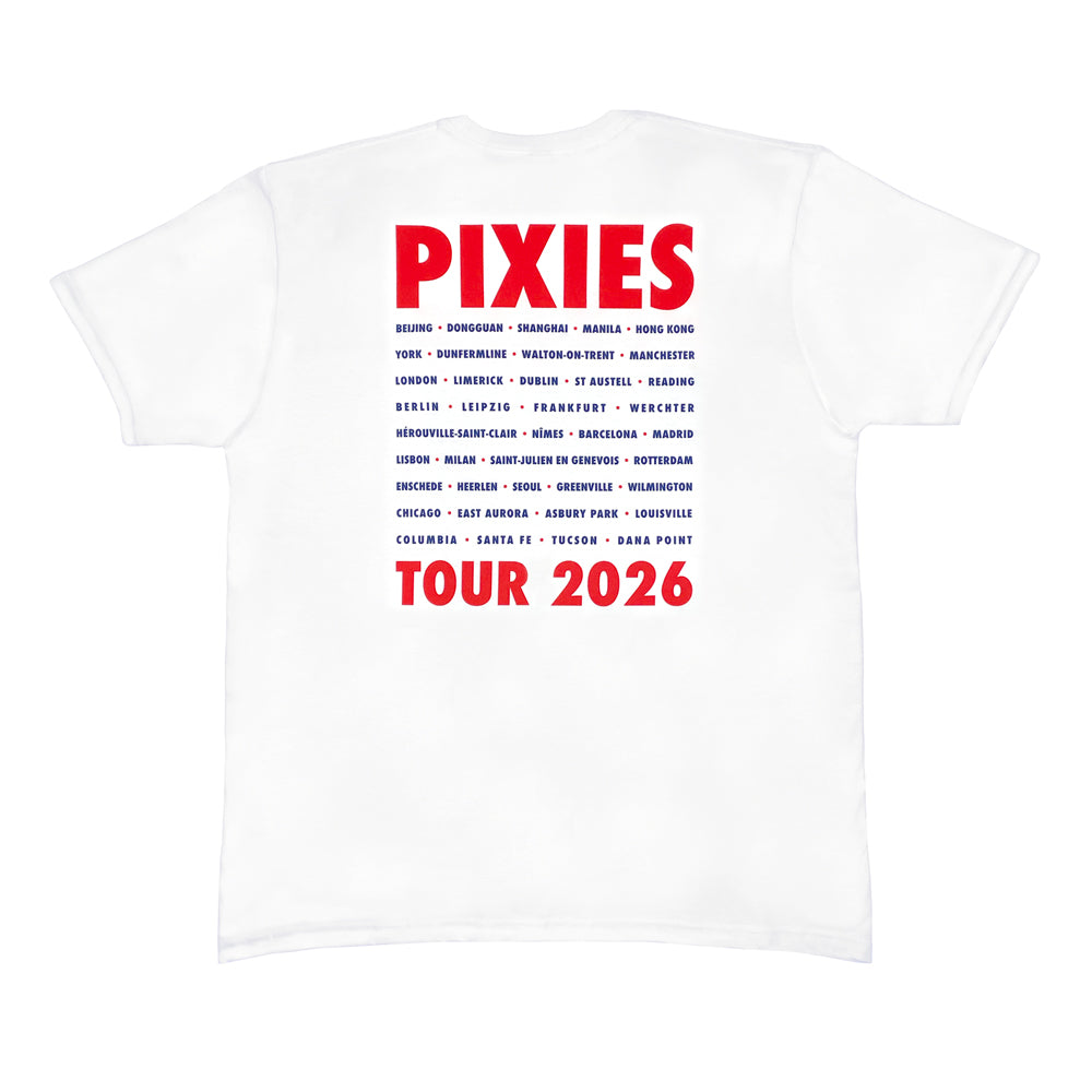 A white T Shirt against a white background that has red text reading "PIXIES" at the top with a blue photo design of the band performing.