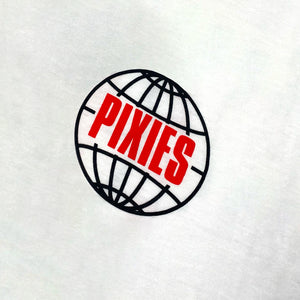 Close up of a white t shirt with a black globe design on the chest with red text in the center of the globe reading "Pixies"