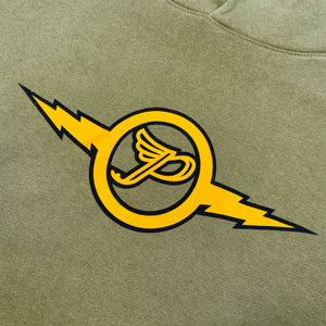 Close up of a green Pixies hoodie. Contains yellow and black Pixies "P" Logo on the front.