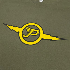 A close up of a military green t shirt featuring a yellow and black Pixies "Circle P" logo with a lightning bolt coming out of both sides.