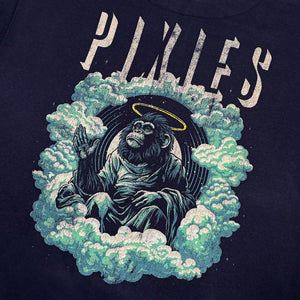 Close up of the back of a navy hoodie with distressed light gray text reading "Pixies" with a design of an angelic monkey sitting amongst clouds.