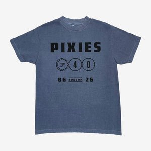 Blue Pixies t-shirt with black lettering reading "Pixies, P40, 86-26 Boston" against a white background