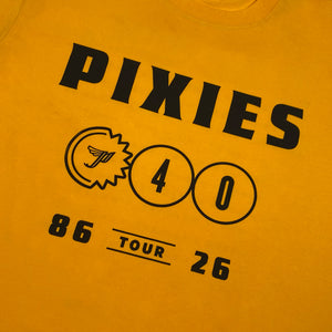 Close up of a yellow Pixies t-shirt with black lettering reading "Pixies P40" tour.