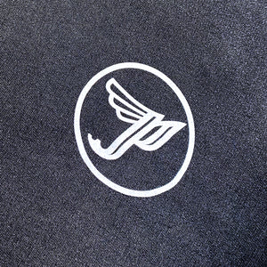 A close up of a black Crewneck Sweatshirt with a white Pixies "Circle P" logo on the chest.