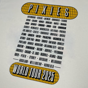Close up of the back of a natural shirt with text inside a yellow grid reading "Pixies" at the top of the shirt and "World Tour 2025" at the bottom. In between are all the 2025 Pixies Tour dates.