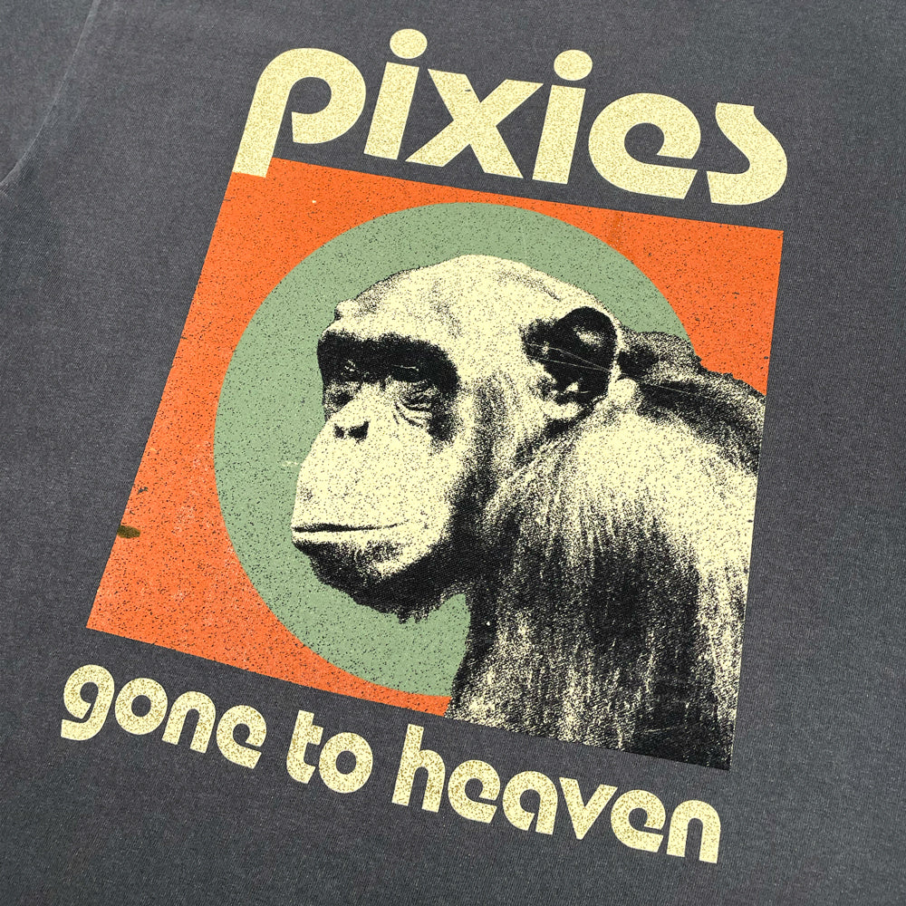 Grey Pixies t-shirt with a graphic of a chimpanzee against text reading "Pixies gone to heaven" against a white background