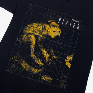 A close up of a black t shirt against a white background with a design of a yellow monkey surrounded by a gray grid design. On the top right is white text reading "Pixies" above this is white text reading "Doolittle"