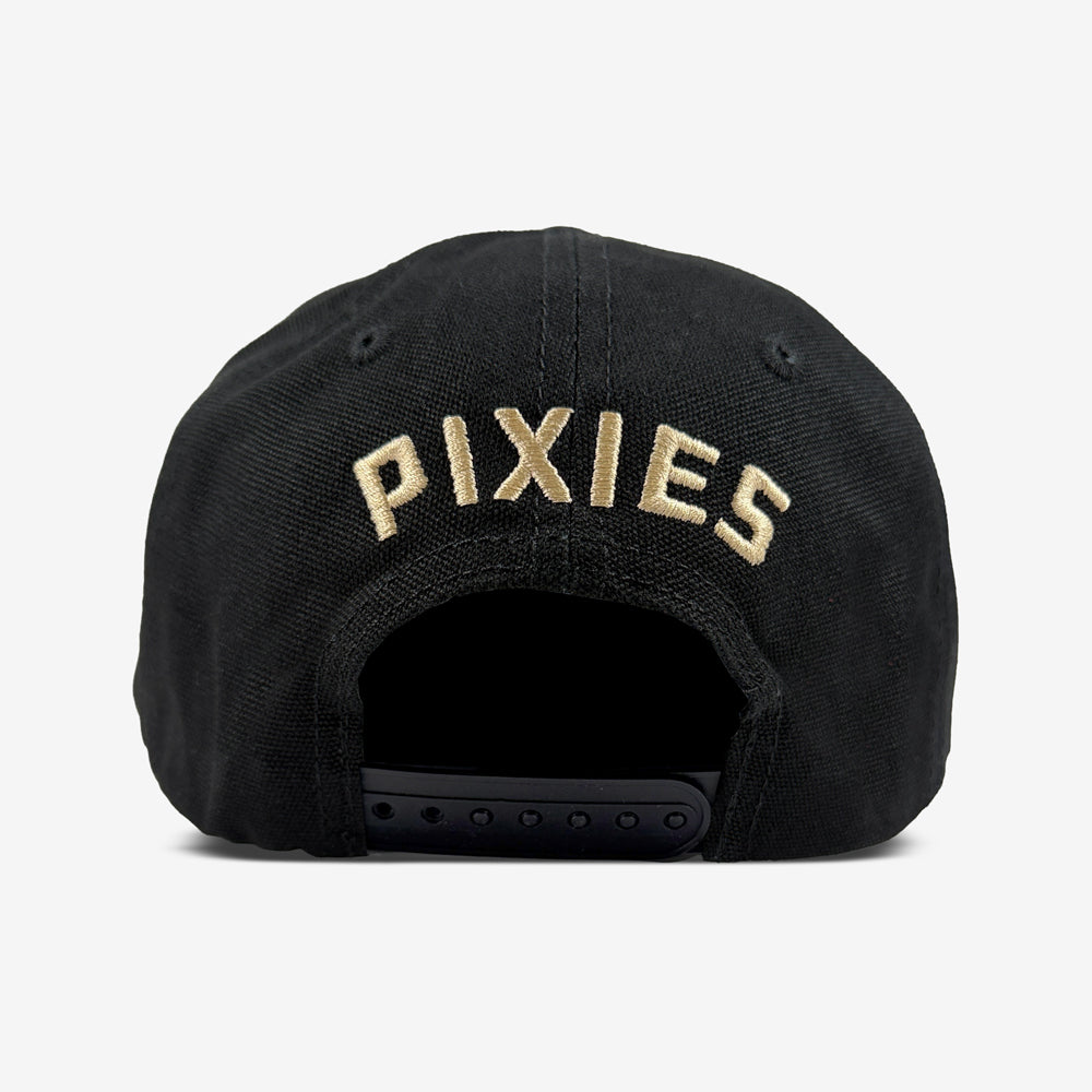 Black Pixies Where’s My Mind Snapback with tan embroidered “Where Is” above upside-down “My Mind?” lettering.