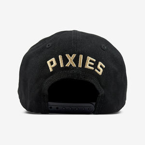Back of the black Pixies Where’s My Mind Snapback with tan Pixies embroidery above an adjustable black snap closure.