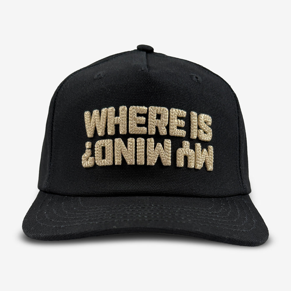 Black Pixies Where’s My Mind Snapback with tan embroidered “Where Is” above upside-down “My Mind?” lettering.