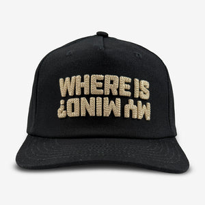 Black Pixies Where’s My Mind Snapback with tan embroidered “Where Is” above upside-down “My Mind?” lettering.